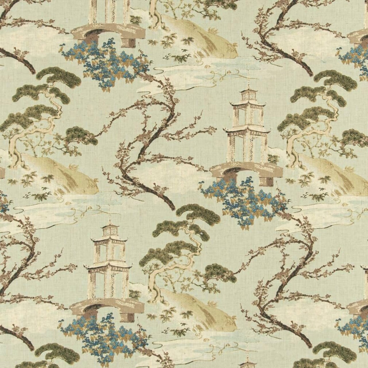 Green Stain Resistant Performance Pet Friendly Global Toile Novelty Print Upholstery Fabric by The Yard - SKU: Linford Seafoam
